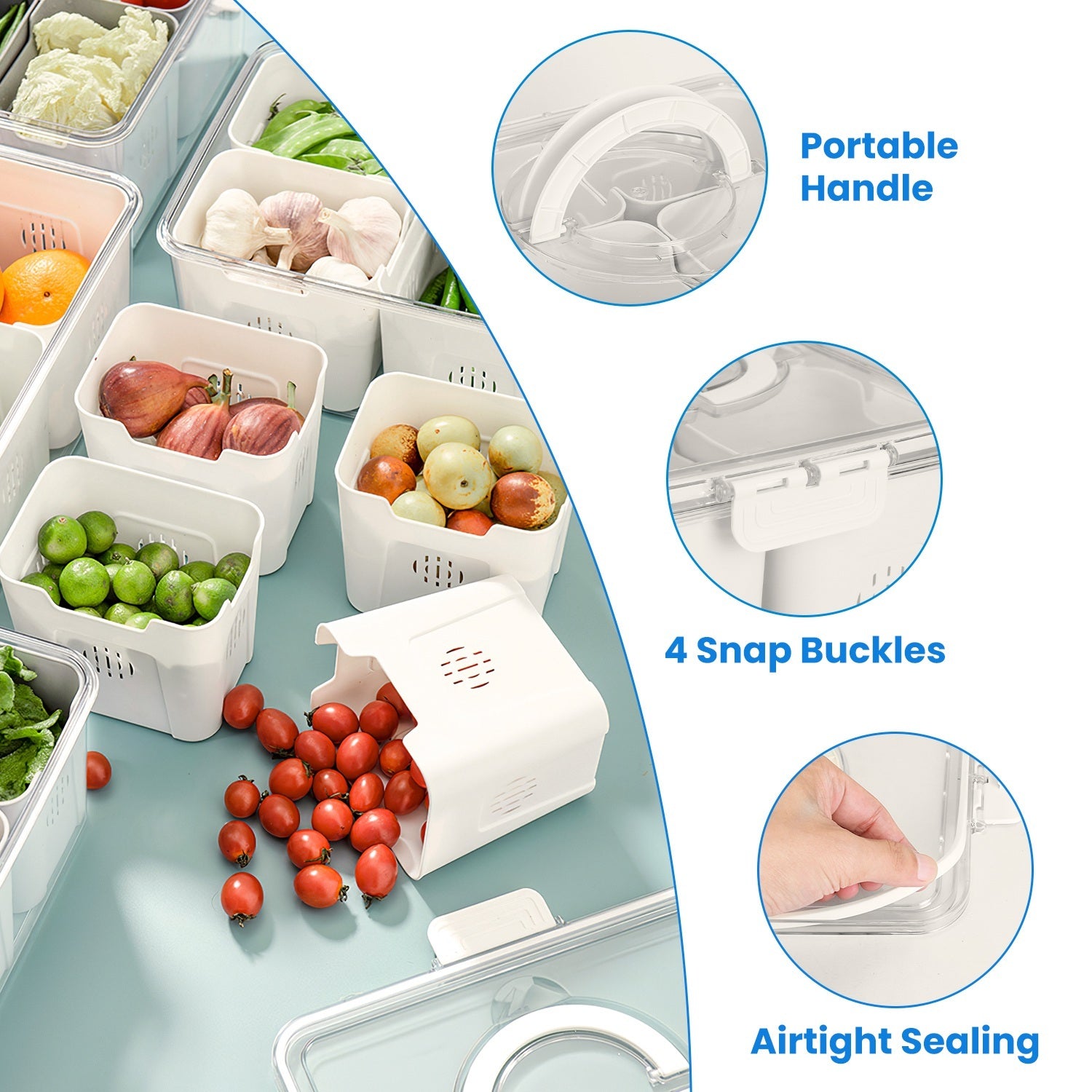 2Pack Airtight Fruit Storage Containers with 8 Removable Colanders | 4 Compartment Vegetable & Food Organizer for Fridge & Picnic