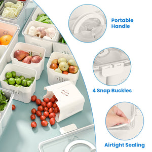 2Pack Airtight Fruit Storage Containers with 8 Removable Colanders | 4 Compartment Vegetable & Food Organizer for Fridge & Picnic