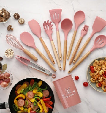 Silicone Kitchen Utensil Set with Wooden Handles | 12PCS Heat Resistant Non-Stick Cooking & Baking Tools | Durable & Easy to Clean