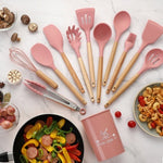Silicone Kitchen Utensil Set with Wooden Handles | 12PCS Heat Resistant Non-Stick Cooking & Baking Tools | Durable & Easy to Clean