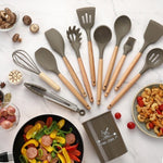 Silicone Kitchen Utensil Set with Wooden Handles | 12PCS Heat Resistant Non-Stick Cooking & Baking Tools | Durable & Easy to Clean