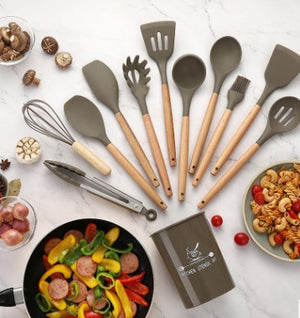 Silicone Kitchen Utensil Set with Wooden Handles | 12PCS Heat Resistant Non-Stick Cooking & Baking Tools | Durable & Easy to Clean