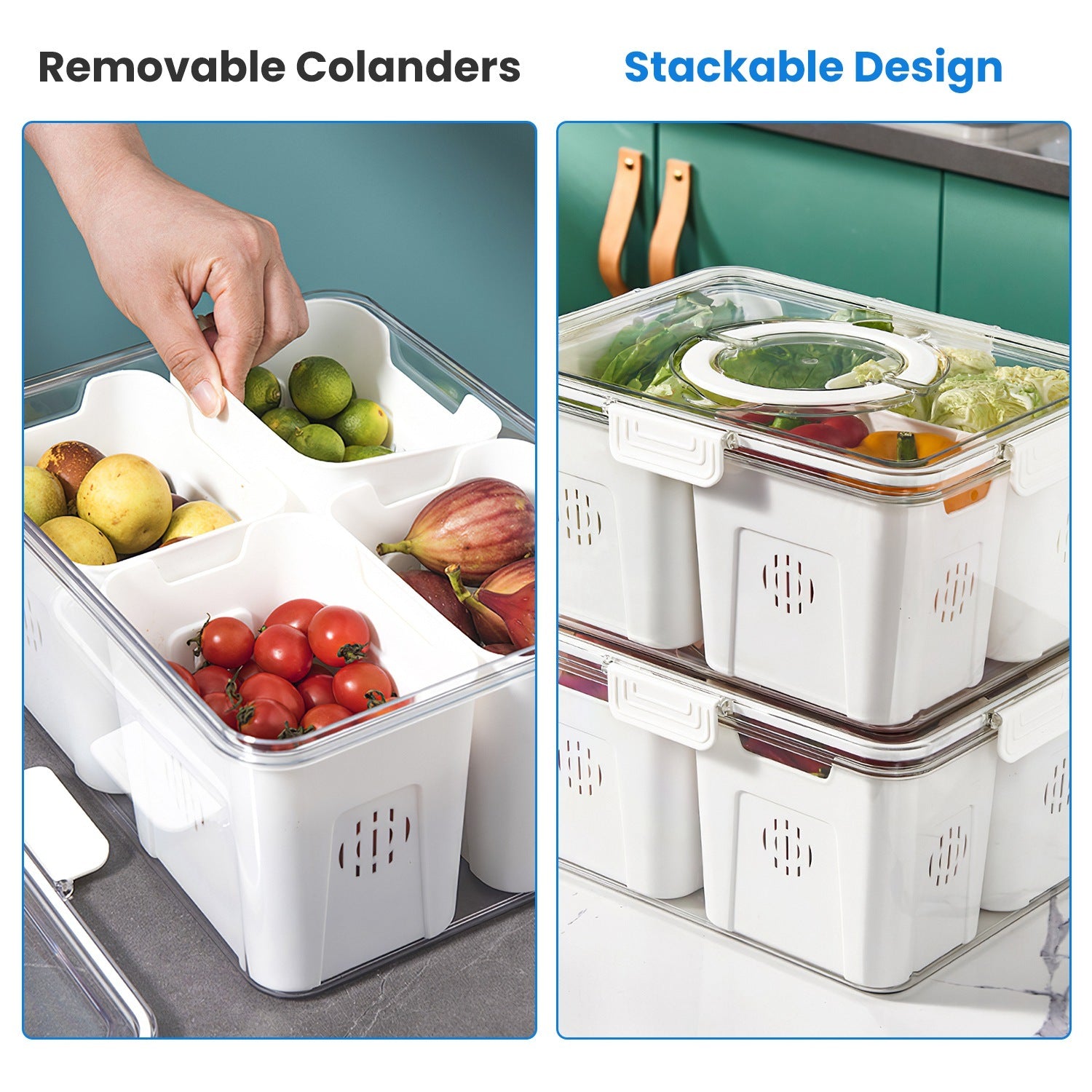 2Pack Airtight Fruit Storage Containers with 8 Removable Colanders | 4 Compartment Vegetable & Food Organizer for Fridge & Picnic