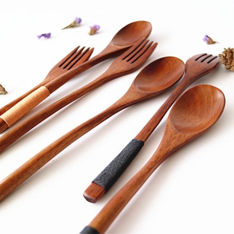 Natural Wooden Spoon & Fork Set Eco-Friendly Ironwood & Nanmu Cooking Utensils for Kitchen Use