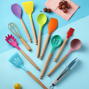 Silicone Kitchen Utensil Set with Wooden Handles | 12PCS Heat Resistant Non-Stick Cooking & Baking Tools | Durable & Easy to Clean