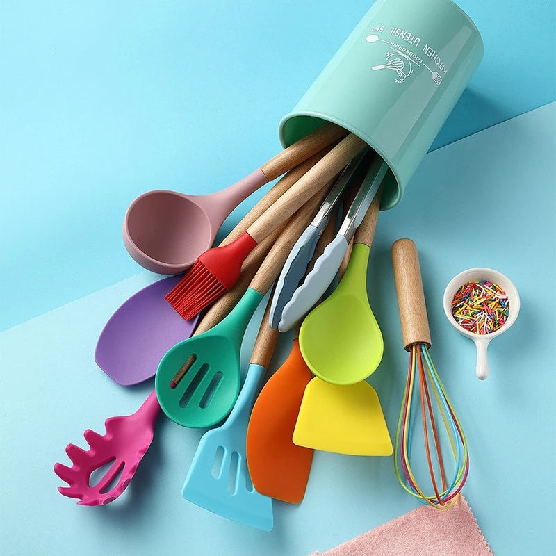 Silicone Kitchen Utensil Set with Wooden Handles | 12PCS Heat Resistant Non-Stick Cooking & Baking Tools | Durable & Easy to Clean
