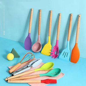 Silicone Kitchen Utensil Set with Wooden Handles | 12PCS Heat Resistant Non-Stick Cooking & Baking Tools | Durable & Easy to Clean