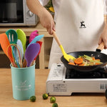 Silicone Kitchen Utensil Set with Wooden Handles | 12PCS Heat Resistant Non-Stick Cooking & Baking Tools | Durable & Easy to Clean