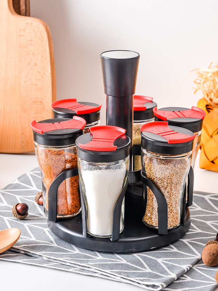 Rotary Spice Rack Set – 6/8 Glass Jar Condiment Organizer with Lid – Salt, Pepper, Seasoning Storage for Kitchen