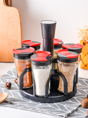 Rotary Spice Rack Set – 6/8 Glass Jar Condiment Organizer with Lid – Salt, Pepper, Seasoning Storage for Kitchen