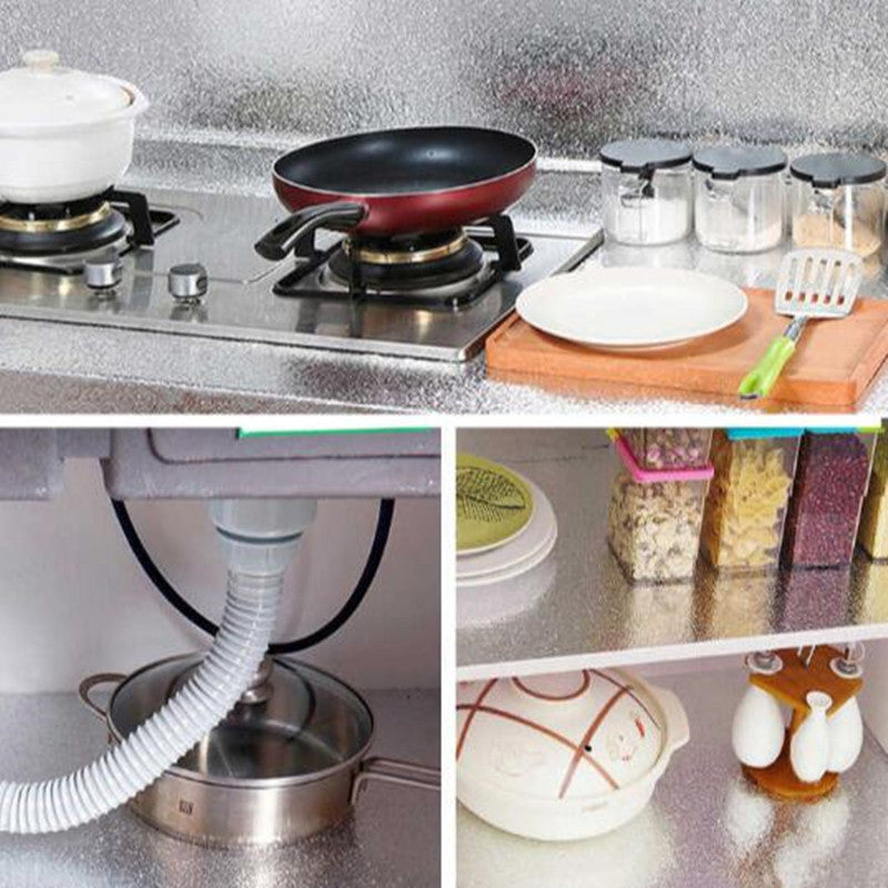 Oil-Proof Aluminum Foil Kitchen Wallpaper Heat & Waterproof Cabinet, Sink, Stove Protector Roll