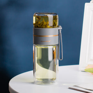 Glass Water Bottle with Tea Infuser – Double Wall, Leakproof, Heat-Resistant, Tea Separation Design | 400–450ML Travel Cup