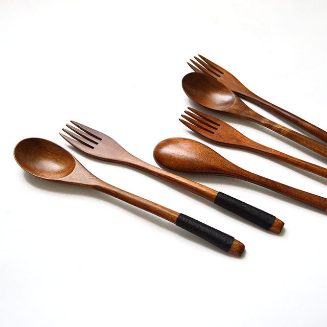 Natural Wooden Spoon & Fork Set Eco-Friendly Ironwood & Nanmu Cooking Utensils for Kitchen Use