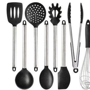 Silicone Kitchen Utensils Set – Heat-Resistant Scoop Shovel Kit | 5–9 Piece Non-Scratch Cooking Tools (Black/Gray)