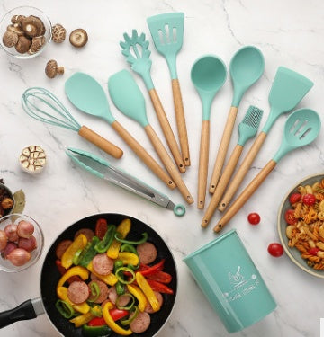 Silicone Kitchen Utensil Set with Wooden Handles | 12PCS Heat Resistant Non-Stick Cooking & Baking Tools | Durable & Easy to Clean