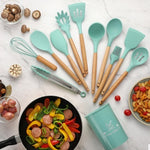 Silicone Kitchen Utensil Set with Wooden Handles | 12PCS Heat Resistant Non-Stick Cooking & Baking Tools | Durable & Easy to Clean