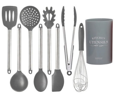 Silicone Kitchen Utensils Set – Heat-Resistant Scoop Shovel Kit | 5–9 Piece Non-Scratch Cooking Tools (Black/Gray)