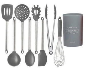 Silicone Kitchen Utensils Set – Heat-Resistant Scoop Shovel Kit | 5–9 Piece Non-Scratch Cooking Tools (Black/Gray)