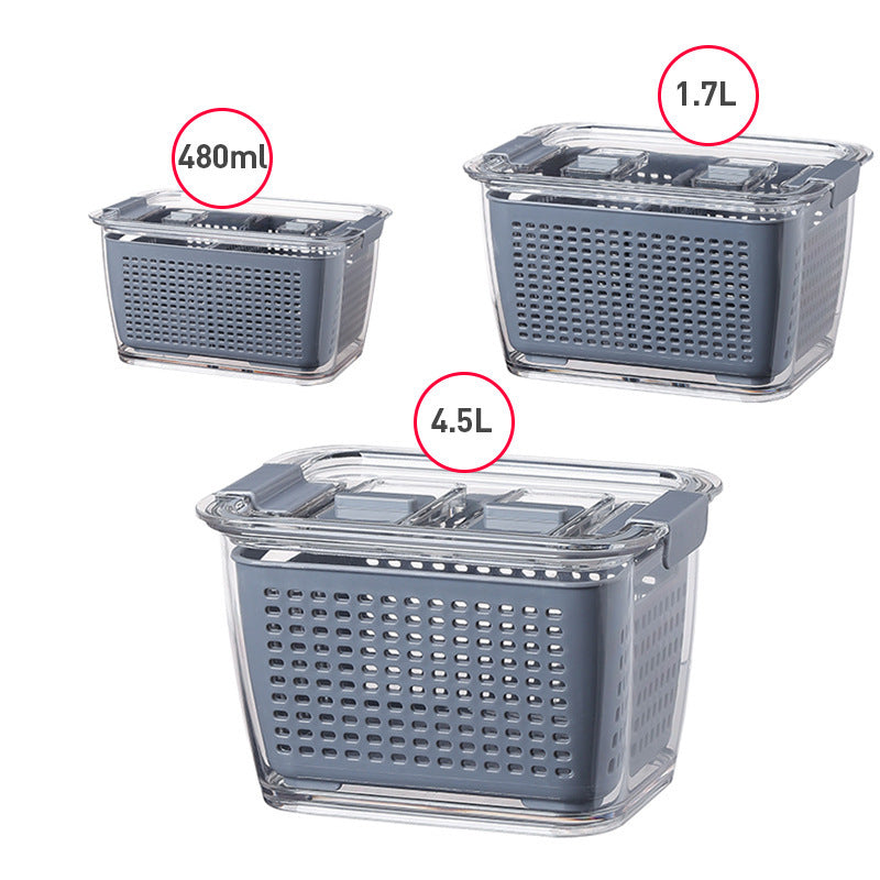 Kitchen Refrigerator Storage Box with Lid – PET Fresh-Keeping Fruit & Vegetable Drain Container – Food Organizer Crisper Bin