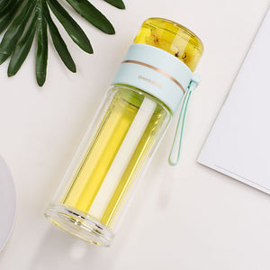 Glass Water Bottle with Tea Infuser – Double Wall, Leakproof, Heat-Resistant, Tea Separation Design | 400–450ML Travel Cup