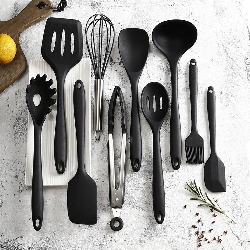 10PCS Non Stick Silicone Baking Utensils Set Black | Heat Resistant Kitchen Cooking Tools | Modern Silicone Cookware