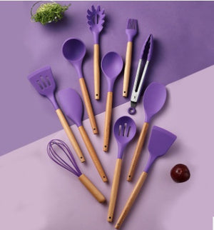 Silicone Kitchen Utensil Set with Wooden Handles | 12PCS Heat Resistant Non-Stick Cooking & Baking Tools | Durable & Easy to Clean