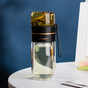 Glass Water Bottle with Tea Infuser – Double Wall, Leakproof, Heat-Resistant, Tea Separation Design | 400–450ML Travel Cup
