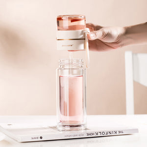 Glass Water Bottle with Tea Infuser – Double Wall, Leakproof, Heat-Resistant, Tea Separation Design | 400–450ML Travel Cup