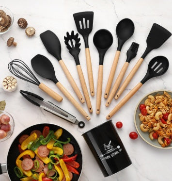 Silicone Kitchen Utensil Set with Wooden Handles | 12PCS Heat Resistant Non-Stick Cooking & Baking Tools | Durable & Easy to Clean