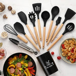 Silicone Kitchen Utensil Set with Wooden Handles | 12PCS Heat Resistant Non-Stick Cooking & Baking Tools | Durable & Easy to Clean