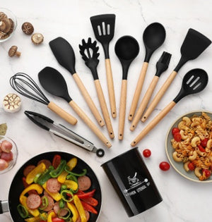 Silicone Kitchen Utensil Set with Wooden Handles | 12PCS Heat Resistant Non-Stick Cooking & Baking Tools | Durable & Easy to Clean