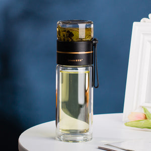 Glass Water Bottle with Tea Infuser – Double Wall, Leakproof, Heat-Resistant, Tea Separation Design | 400–450ML Travel Cup