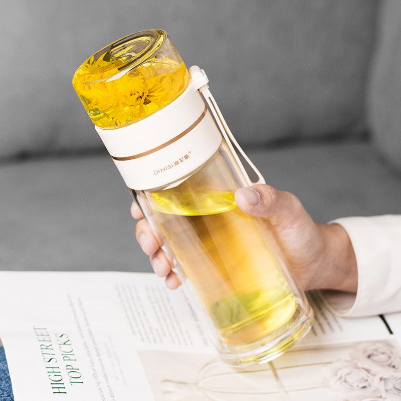 Glass Water Bottle with Tea Infuser – Double Wall, Leakproof, Heat-Resistant, Tea Separation Design | 400–450ML Travel Cup