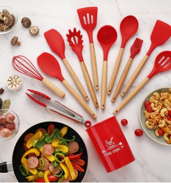 Silicone Kitchen Utensil Set with Wooden Handles | 12PCS Heat Resistant Non-Stick Cooking & Baking Tools | Durable & Easy to Clean