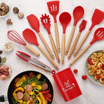 Silicone Kitchen Utensil Set with Wooden Handles | 12PCS Heat Resistant Non-Stick Cooking & Baking Tools | Durable & Easy to Clean