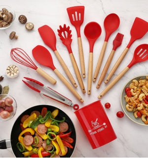 Silicone Kitchen Utensil Set with Wooden Handles | 12PCS Heat Resistant Non-Stick Cooking & Baking Tools | Durable & Easy to Clean