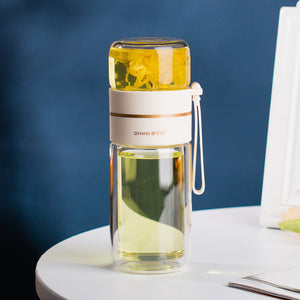 Glass Water Bottle with Tea Infuser – Double Wall, Leakproof, Heat-Resistant, Tea Separation Design | 400–450ML Travel Cup