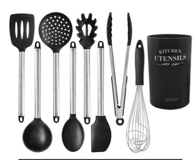 Silicone Kitchen Utensils Set – Heat-Resistant Scoop Shovel Kit | 5–9 Piece Non-Scratch Cooking Tools (Black/Gray)