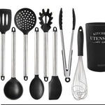 Silicone Kitchen Utensils Set – Heat-Resistant Scoop Shovel Kit | 5–9 Piece Non-Scratch Cooking Tools (Black/Gray)