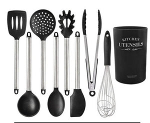 Silicone Kitchen Utensils Set – Heat-Resistant Scoop Shovel Kit | 5–9 Piece Non-Scratch Cooking Tools (Black/Gray)