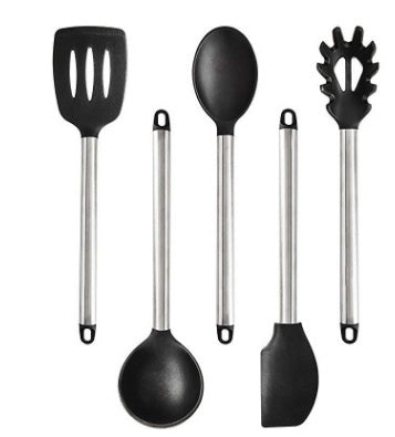 Silicone Kitchen Utensils Set – Heat-Resistant Scoop Shovel Kit | 5–9 Piece Non-Scratch Cooking Tools (Black/Gray)