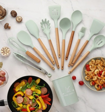 Silicone Kitchen Utensil Set with Wooden Handles | 12PCS Heat Resistant Non-Stick Cooking & Baking Tools | Durable & Easy to Clean