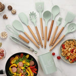 Silicone Kitchen Utensil Set with Wooden Handles | 12PCS Heat Resistant Non-Stick Cooking & Baking Tools | Durable & Easy to Clean