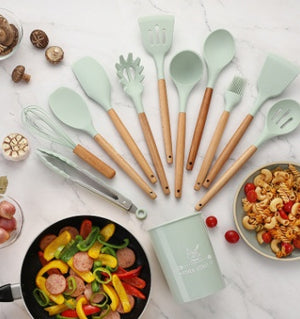 Silicone Kitchen Utensil Set with Wooden Handles | 12PCS Heat Resistant Non-Stick Cooking & Baking Tools | Durable & Easy to Clean