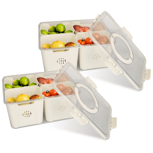 2Pack Airtight Fruit Storage Containers with 8 Removable Colanders | 4 Compartment Vegetable & Food Organizer for Fridge & Picnic