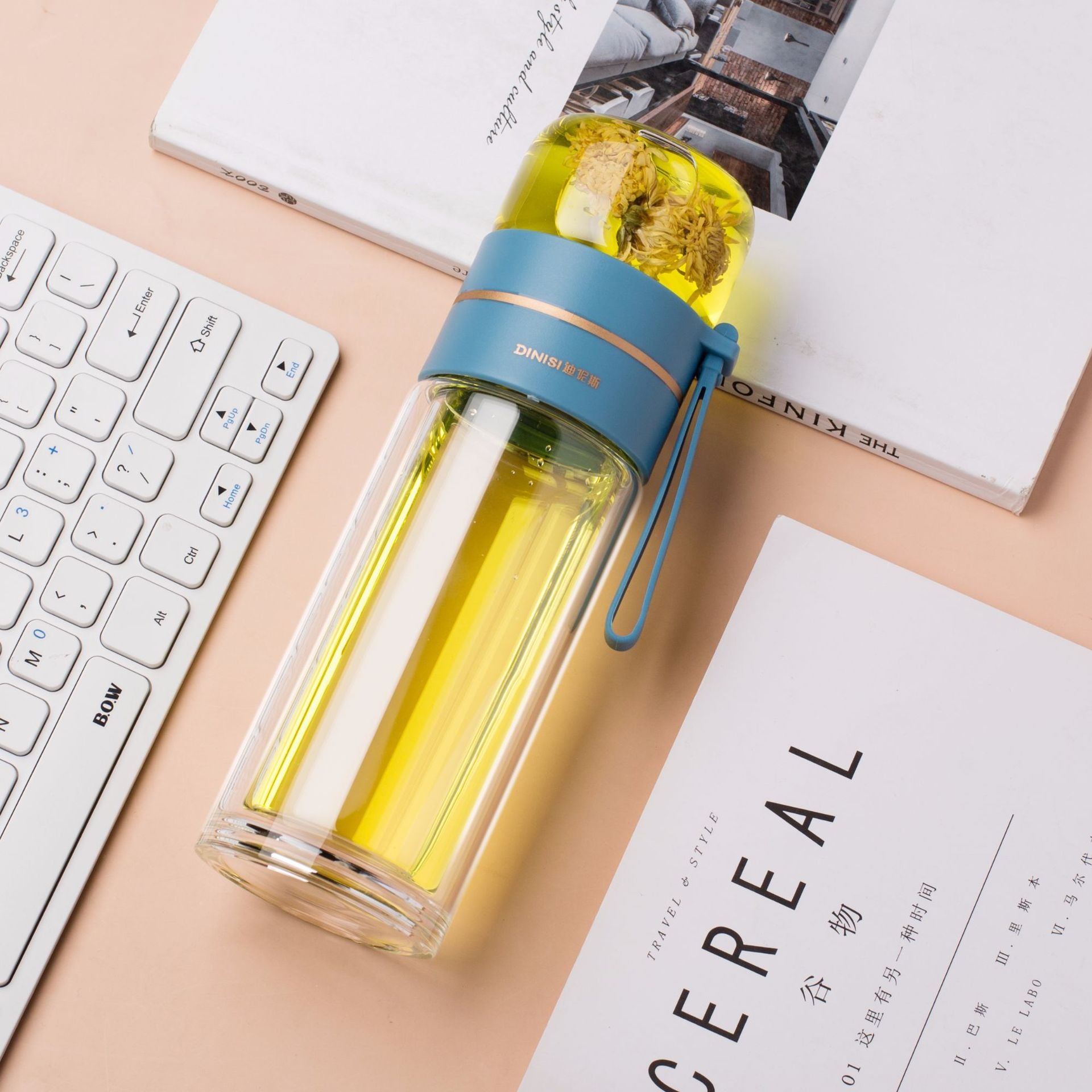 Glass Water Bottle with Tea Infuser – Double Wall, Leakproof, Heat-Resistant, Tea Separation Design | 400–450ML Travel Cup