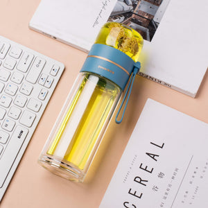 Glass Water Bottle with Tea Infuser – Double Wall, Leakproof, Heat-Resistant, Tea Separation Design | 400–450ML Travel Cup