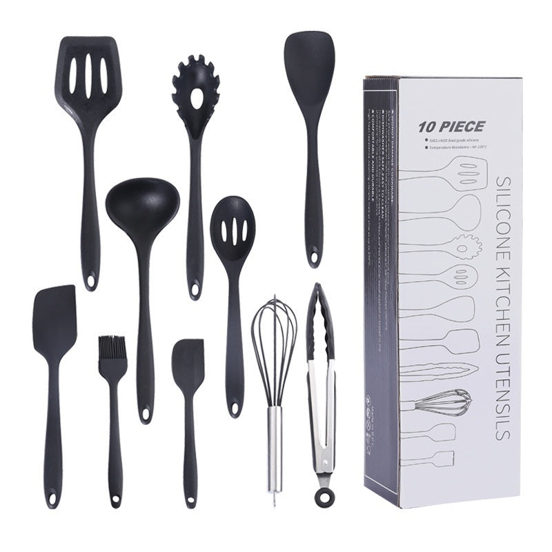 10PCS Non Stick Silicone Baking Utensils Set Black | Heat Resistant Kitchen Cooking Tools | Modern Silicone Cookware