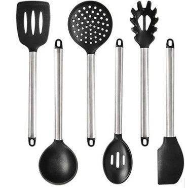 Silicone Kitchen Utensils Set – Heat-Resistant Scoop Shovel Kit | 5–9 Piece Non-Scratch Cooking Tools (Black/Gray)