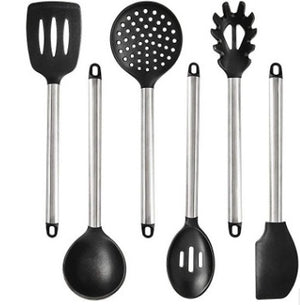 Silicone Kitchen Utensils Set – Heat-Resistant Scoop Shovel Kit | 5–9 Piece Non-Scratch Cooking Tools (Black/Gray)